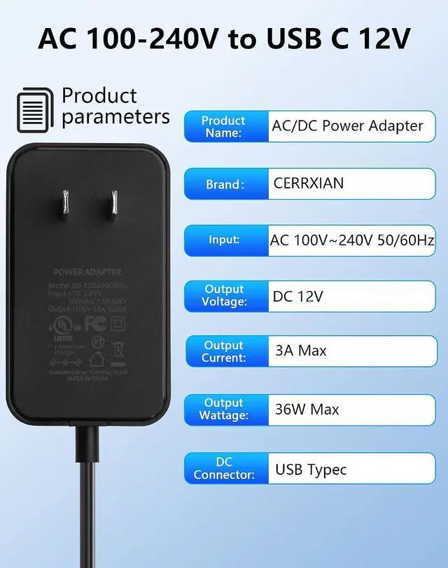 Alt view image 2 of 7 - 12V 3A AC to Type C Adapter Power Cord AC 100-240V to USB C 12V Transformer for Car Jump Starter Power Supply- 4.92 FT
