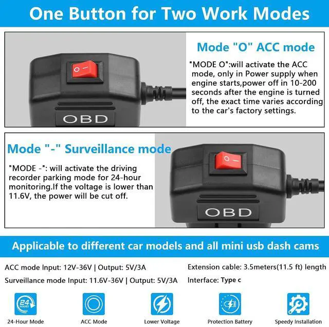 Alt view image 2 of 7 - OBD Power Cable for Dash Camera OBD2 to Type C Adapter Hardwire Charger Cable 24 Hours Surveillance/Acc Mode with Low Voltage Protection 13-40V to 5V 3A (11.5FT/3.5M) (Right Angle USB C)