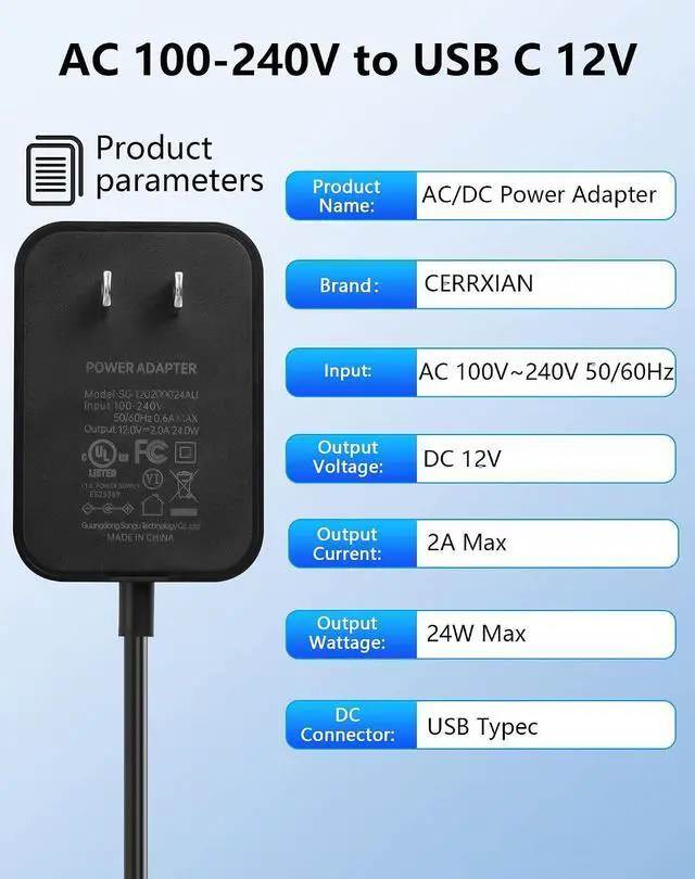 Alt view image 2 of 7 - 12V 2A AC to Type C Adapter Power Cord AC 100-240V to USB C 12V Transformer for Car Jump Starter Power Supply- 4.92 FT