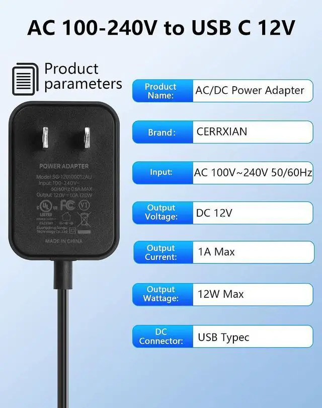 Alt view image 2 of 7 - 12V 1A AC to Type C Adapter Power Cord AC 100-240V to USB C 12V Transformer for Car Jump Starter Power Supply- 4.92 FT