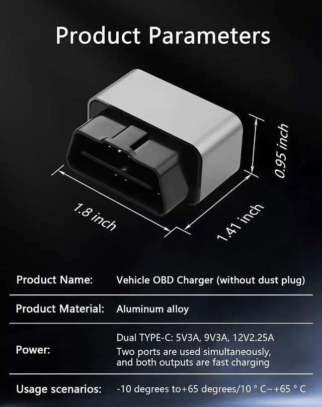 Alt view image 2 of 7 - OBD USB Power Adapter, 1224V OBD2 Male to Dual TypeC Female Ports, PD 30W USB-C for Mobile Phones, Dash Camera GPS, Tablets, Radar Detector, DVR