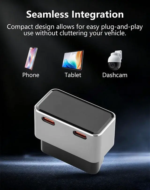 Alt view image 6 of 7 - OBD USB Power Adapter, 1224V OBD2 Male to Dual TypeC Female Ports, PD 30W USB-C for Mobile Phones, Dash Camera GPS, Tablets, Radar Detector, DVR