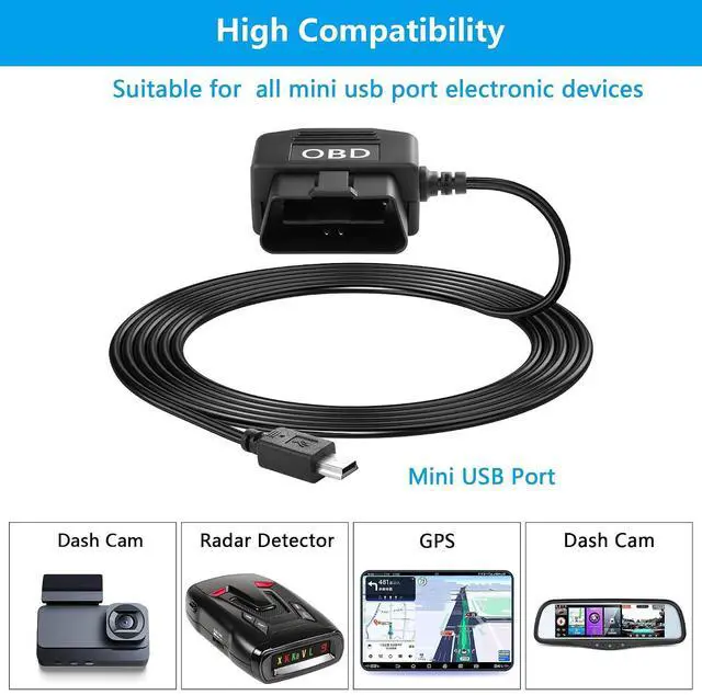 Alt view image 5 of 7 - OBD Power Cable for Dash Camera, OBD to Mini USB OBD Adapter Hardwire Charger Cable 24 Hours Surveillance/Acc Mode with Low Voltage Protection 12-24V to 5V 3A (11.5FT) (Straight mini USB)