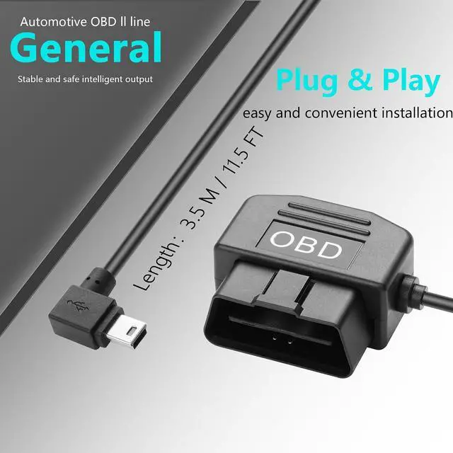 Alt view image 6 of 7 - OBD Power Cable for Dash Camera, OBD to Mini USB OBD Adapter Hardwire Charger Cable 24 Hours Surveillance/Acc Mode with Low Voltage Protection 12-24V to 5V 3A (11.5FT) (Left Angle mini USB)