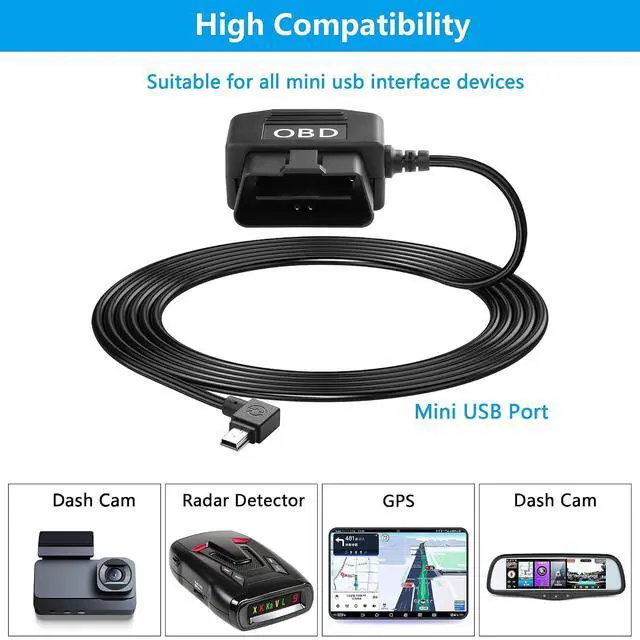 Alt view image 5 of 7 - OBD Power Cable for Dash Camera, OBD to Mini USB OBD Adapter Hardwire Charger Cable 24 Hours Surveillance/Acc Mode with Low Voltage Protection 12-24V to 5V 3A (11.5FT) (Left Angle mini USB)