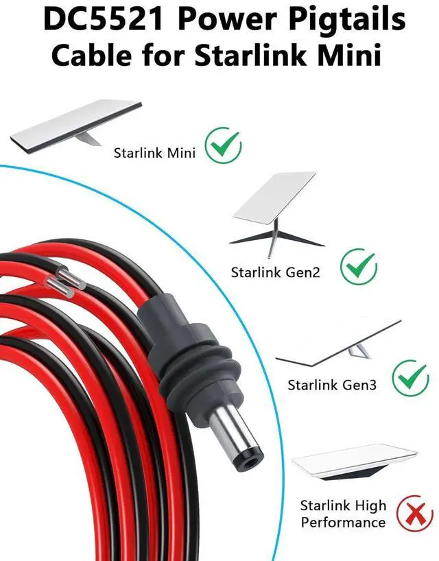 Alt view image 3 of 7 - DC5521 Power Pigtails Cable for Starlink Mini, 14AWG DC 5.5mm x 2.1mm Male Plug to Bare Wire Open End Power Supply DIY Cord, Waterproof Extension Power Cable Accessories - 3.2FT