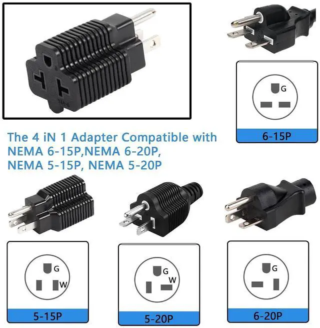 Alt view image 4 of 6 - 4 in 1 15 Amp to 20 Amp Plug Adapter, NEMA 5-15P to 5-15R Adapter,5-15P to 5-20R,5-15P to 6-15R,5-15P to 6-20R T-Blade Female Power Adapter(2-Pack)
