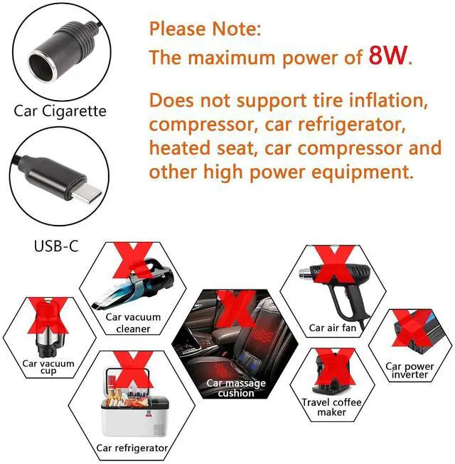Alt view image 7 of 7 - 1ft USB C Male to 12V 8W Cigarette Lighter Socket Adapter Power Cable for Dash Cam, GPS, Car Led Light Strips - 2PCS