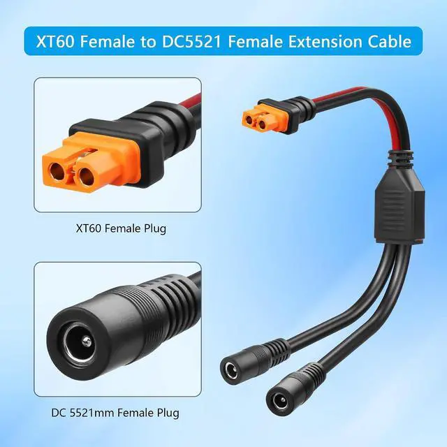 Alt view image 2 of 5 - 12AWG XT60I to DC Y Splitter Power Cable XT-60I Female to Dual DC5521 Female for Solar PanelPortable,Drones-1FT