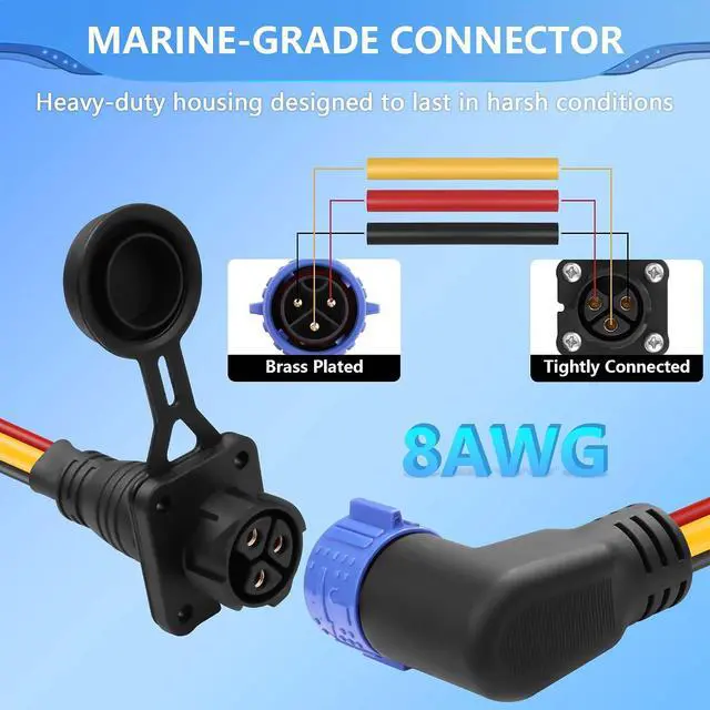 Alt view image 3 of 7 - Trolling Motor Plug Receptacle Set,90 Degrees 3 Pin 8AWG 50Amp Marine Boat DC Power Connector,Waterproof Trolling Motor Quick Connect,12V/24V/36V/48V Male&Female Trolling Motor Connector