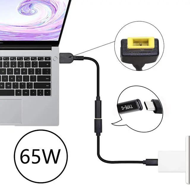 Alt view image 4 of 7 - 15cm 65W PD USB Type C Female Input to Slim Tip Power Charging Cable for Lenovo Thinkpad E440 E450 E550 E560 T430 T440 T440S Lenovo Yoga 13 Yoga 11S(Square s)