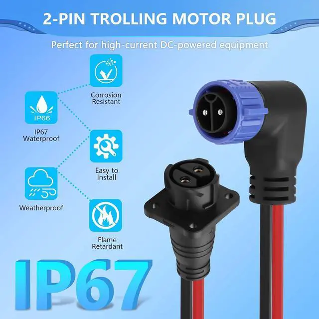 Alt view image 2 of 7 - Trolling Motor Plug Receptacle Set,90 Degrees 2 Pin 8AWG 50Amp Marine Boat DC Power Connector,Waterproof Trolling Motor Quick Connect,12V/24V/36V/48V Male&Female Trolling Motor Connector