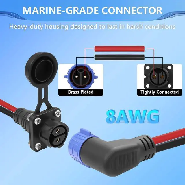 Alt view image 3 of 7 - Trolling Motor Plug Receptacle Set,90 Degrees 2 Pin 8AWG 50Amp Marine Boat DC Power Connector,Waterproof Trolling Motor Quick Connect,12V/24V/36V/48V Male&Female Trolling Motor Connector