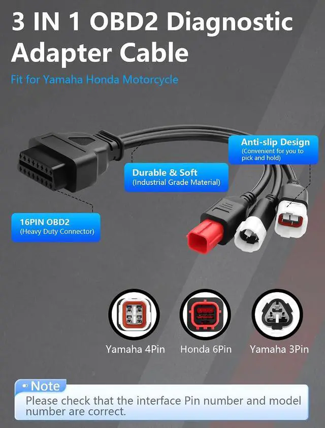 Alt view image 3 of 7 - 3 in 1 OBD2 Diagnostic Adapter,16 pin to 6 pin 4 pin 3 pin OBD2 Cable, 3pin+4pin+6pin to 16pin Diagnostic Connector for Yamaha Kline Euro5 Motorcycle Honda CRF KTM 11.8inch 22AWG