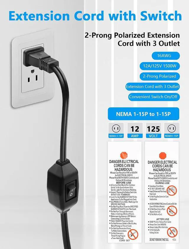 Alt view image 2 of 7 - Extension Cord with Switch On/Off 16AWG 2-Prong Polarized Extension Cord with 3 Outlet 12A/125V for Chargers, Lamp, Power Adapters etc