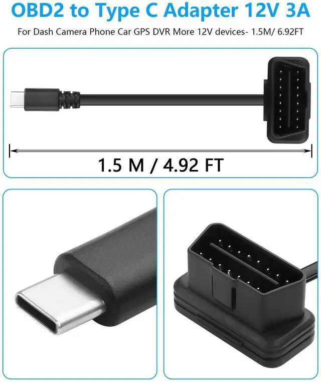 Alt view image 2 of 7 - OBD Power Cable Right Angle OBD2 to Type C Adapter 12V OBD II Male to 12V 3A USB Male Connector for Dash Camera Phone Car GPS DVR More 12V Devices- 1.5M/ 4.92FT