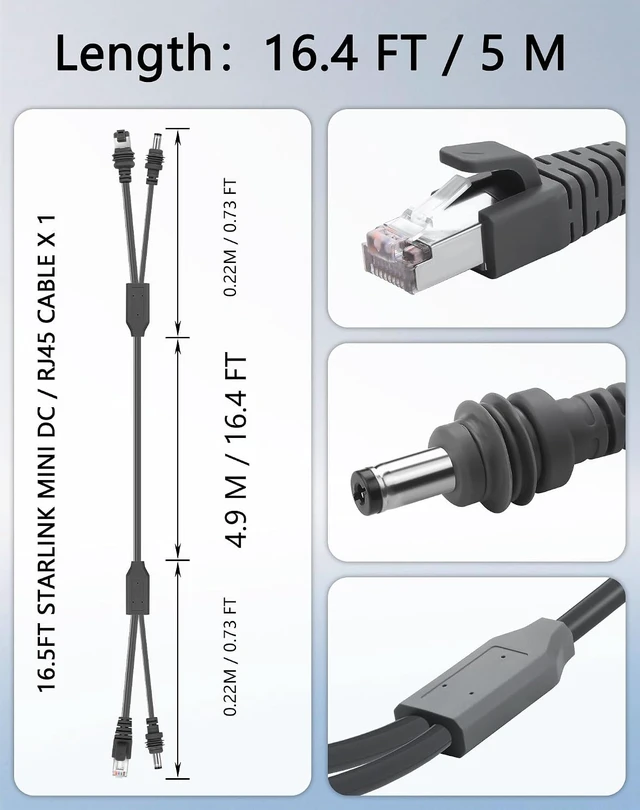 Alt view image 7 of 7 - CERRXIAN 2 in 1 for Starlink Mini Ethernet Cable 16.4FT/5M, Starlink Mini Power Cord & RJ45 Ethernet Cable, Gigabit Data Waterproof Starlink Mini Accessories for RV, Boat, Van, Outdoor Use