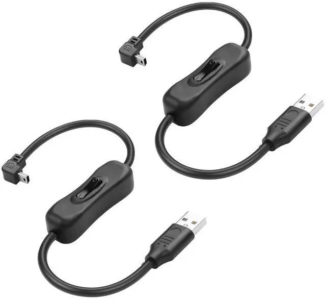Main image of USB-A to Mini USB Cable with On Off Switch Type A Male to Angle Mini B Cable Data Charging Switch Cord for PC, Laptop, Car Dash Cam, Digital Camera (0.3m-2Pack (Down Angle))
