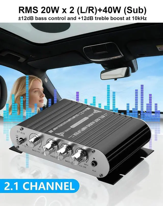Alt view image 4 of 7 - Mini Stereo Audio Subwoofer Amplifier, 2.1 Channel 20Wx2+40W HiFi AMP Board AUX/RCA Input Home Audio Receiver for Home Theater, Car, Marine DC12V 3A Power Adapter