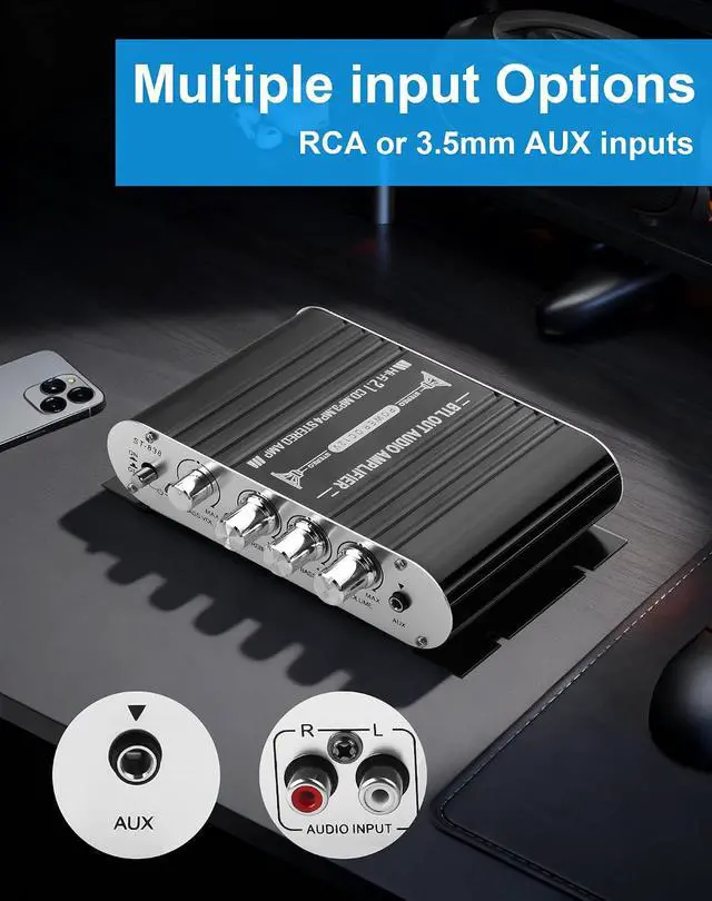 Alt view image 6 of 7 - Mini Stereo Audio Subwoofer Amplifier, 2.1 Channel 20Wx2+40W HiFi AMP Board AUX/RCA Input Home Audio Receiver for Home Theater, Car, Marine DC12V 3A Power Adapter