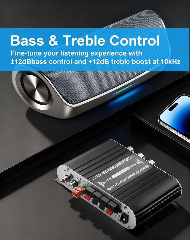 Alt view image 5 of 7 - Mini Stereo Audio Subwoofer Amplifier, 2.1 Channel 20Wx2+40W HiFi AMP Board AUX/RCA Input Home Audio Receiver for Home Theater, Car, Marine DC12V 3A Power Adapter