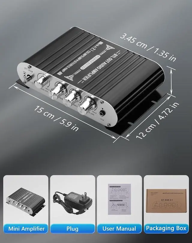 Alt view image 7 of 7 - Mini Stereo Audio Subwoofer Amplifier, 2.1 Channel 20Wx2+40W HiFi AMP Board AUX/RCA Input Home Audio Receiver for Home Theater, Car, Marine DC12V 3A Power Adapter
