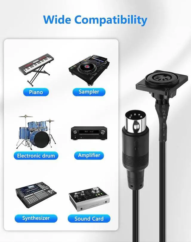 Alt view image 3 of 6 - 5 Pin DIN MIDI Extension Cable, Panel Mount D-Type Female to Male 5-Pin MIDI Audio Adapter for Keyboard, Synthesizer, Pedalboard, Piano & Guitar - 1.64FT