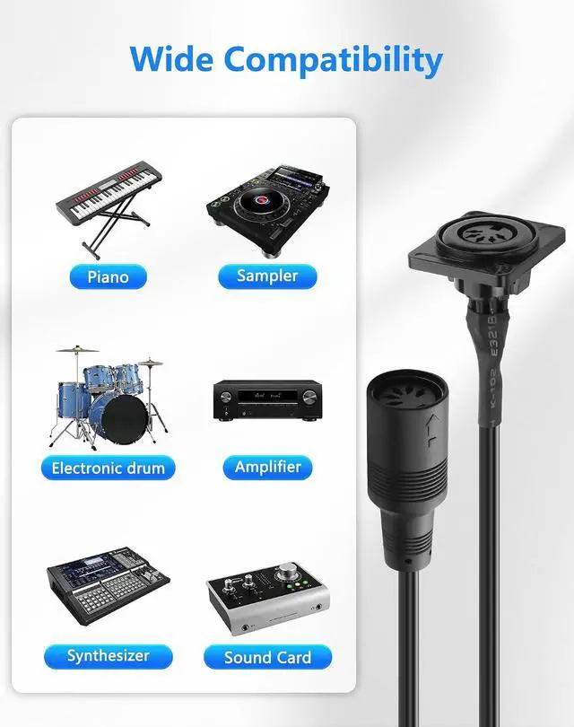 Alt view image 3 of 6 - 5 Pin DIN MIDI Extension Cable, Panel Mount D-Type Female to Female 5-Pin MIDI Audio Adapter for Keyboard, Synthesizer, Pedalboard, Piano & Guitar - 1.64FT