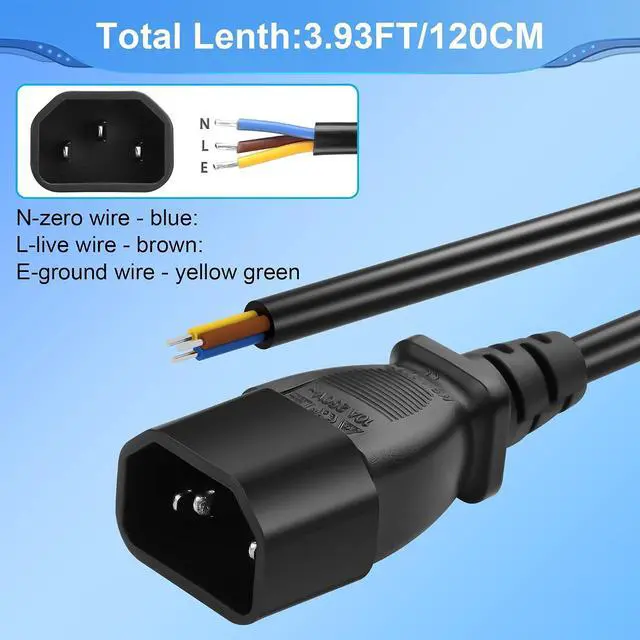 Alt view image 2 of 6 - 3.93FT IEC 320 C14 Male 3 Pin with Open Wiring Stripped, 18AWG C14 to Bare Wire Power Supply Heavy Duty Replacement Cable,Pigtail Open Cable (C14 Male - Straight)
