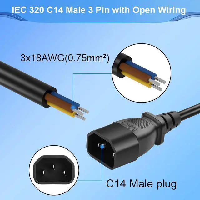 Alt view image 3 of 6 - 3.93FT IEC 320 C14 Male 3 Pin with Open Wiring Stripped, 18AWG C14 to Bare Wire Power Supply Heavy Duty Replacement Cable,Pigtail Open Cable (C14 Male - Straight)