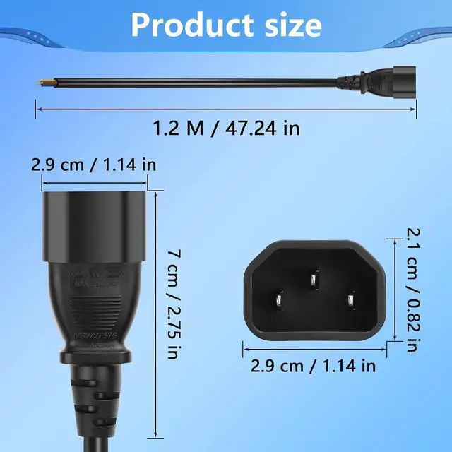 Alt view image 6 of 6 - 3.93FT IEC 320 C14 Male 3 Pin with Open Wiring Stripped, 18AWG C14 to Bare Wire Power Supply Heavy Duty Replacement Cable,Pigtail Open Cable (C14 Male - Straight)