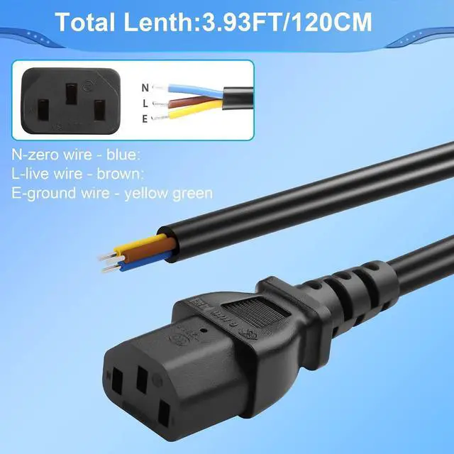Alt view image 2 of 6 - 3.93FT IEC 320 C13 Female 3 Pin with Open Wiring Stripped, 18AWG C13 to Bare Wire Power Supply Heavy Duty Replacement Cable,Pigtail Open Cable (C13 Female - Straight)
