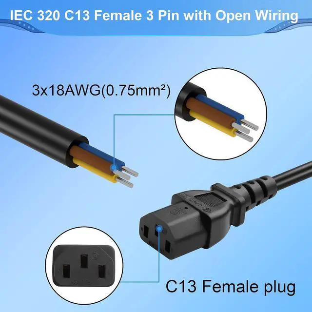 Alt view image 3 of 6 - 3.93FT IEC 320 C13 Female 3 Pin with Open Wiring Stripped, 18AWG C13 to Bare Wire Power Supply Heavy Duty Replacement Cable,Pigtail Open Cable (C13 Female - Straight)