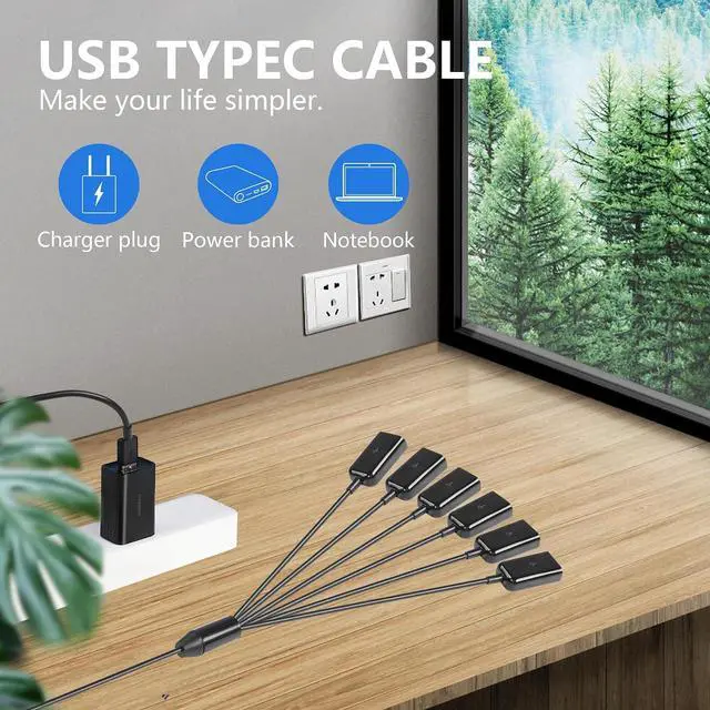 Alt view image 4 of 7 - USB2.0 1 Male to 6 Female Splitter Y Cable USB Y Splitter Supports Data Transmission of U disks, Keyboards, and mice, and Power Supply for USB Devices Such as Low-Power Fans-1.65FT/50cm