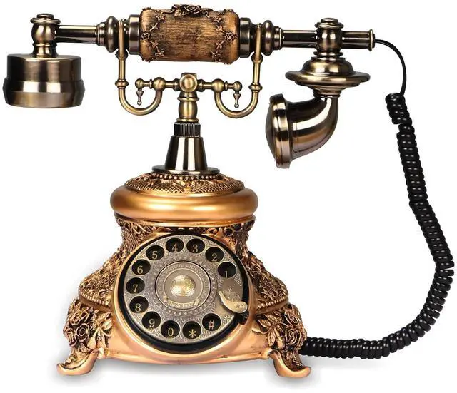 Main image of Retro Landline Turntable Telephone - Rotary Antique Fixed Phone, Resin Imitation Copper Decoration for Home Office - Bronze Color 109BS