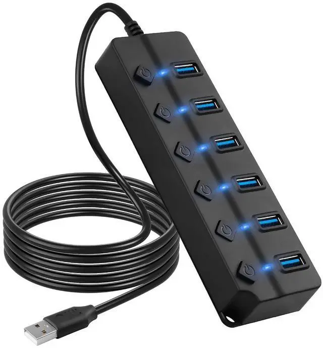 Main image of USB Hub, 7Port USB Hub Splitter with Individual On/Off LED Switches 6.6ft/2m Long Cable, Multi Port Expander, Fast Data Transfer USB Splitter for Laptop, PC,Mobile HDD