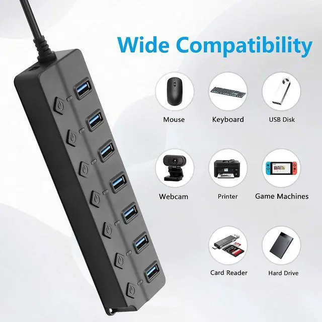 Alt view image 2 of 7 - USB Hub, 7Port USB Hub Splitter with Individual On/Off LED Switches 6.6ft/2m Long Cable, Multi Port Expander, Fast Data Transfer USB Splitter for Laptop, PC,Mobile HDD
