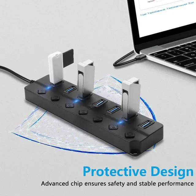 Alt view image 3 of 7 - USB Hub, 7Port USB Hub Splitter with Individual On/Off LED Switches 6.6ft/2m Long Cable, Multi Port Expander, Fast Data Transfer USB Splitter for Laptop, PC,Mobile HDD