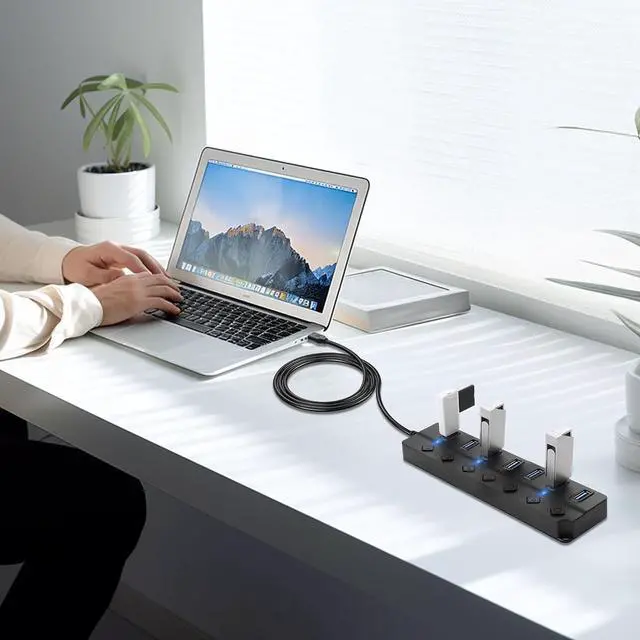 Alt view image 6 of 7 - USB Hub, 7Port USB Hub Splitter with Individual On/Off LED Switches 6.6ft/2m Long Cable, Multi Port Expander, Fast Data Transfer USB Splitter for Laptop, PC,Mobile HDD