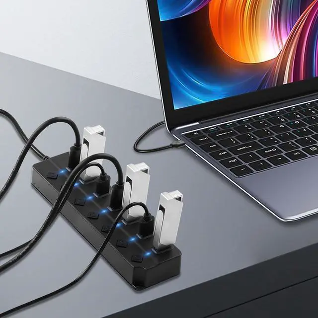 Alt view image 4 of 7 - USB Hub, 7Port USB Hub Splitter with Individual On/Off LED Switches 6.6ft/2m Long Cable, Multi Port Expander, Fast Data Transfer USB Splitter for Laptop, PC,Mobile HDD