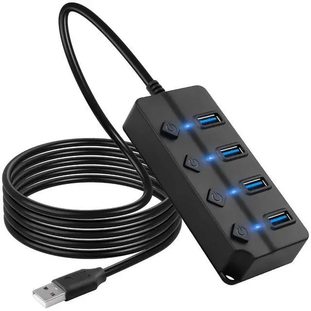 Main image of USB Hub, 4Port USB Hub Splitter with Individual On/Off LED Switches 6.6ft/2m Long Cable, Multi Port Expander, Fast Data Transfer USB Splitter for Laptop, PC,Mobile HDD
