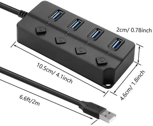 Alt view image 7 of 7 - USB Hub, 4Port USB Hub Splitter with Individual On/Off LED Switches 6.6ft/2m Long Cable, Multi Port Expander, Fast Data Transfer USB Splitter for Laptop, PC,Mobile HDD