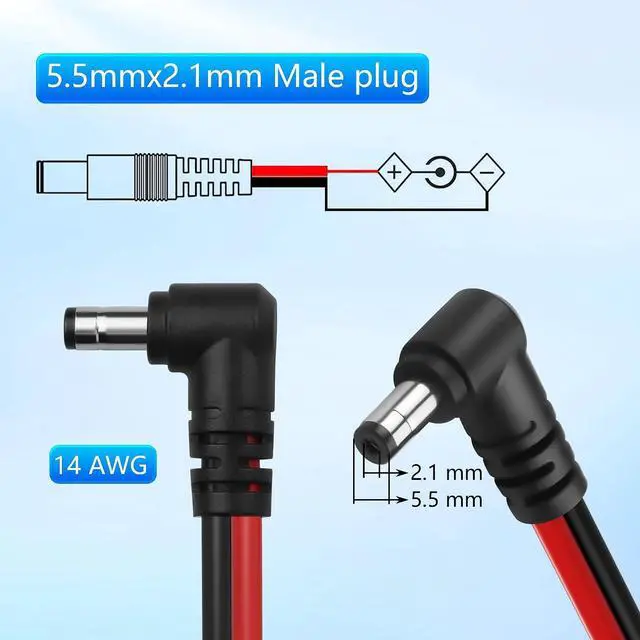 Alt view image 2 of 6 - 2PCS Right Angle DC5521 Power Pigtails Cable,3.2 FT 14AWG 5.5mm x 2.1mm DC Male Bare Wire Open End Power Wire,DC Replacement Repair Cordfor CCTV Security Camera LED Strip Light Etc