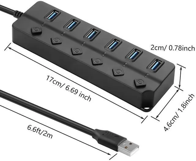 Alt view image 7 of 7 - USB Hub, 7Port USB Hub Splitter with Individual On/Off LED Switches 6.6ft/2m Long Cable, Multi Port Expander, Fast Data Transfer USB Splitter for Laptop, PC,Mobile HDD
