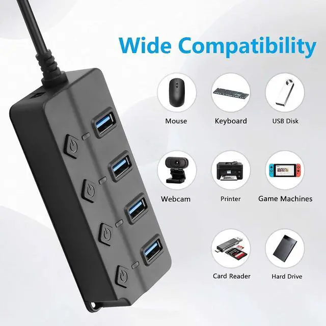 Alt view image 2 of 7 - USB Hub, 4Port USB Hub Splitter with Individual On/Off LED Switches 6.6ft/2m Long Cable, Multi Port Expander, Fast Data Transfer USB Splitter for Laptop, PC,Mobile HDD