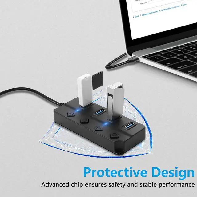 Alt view image 3 of 7 - USB Hub, 4Port USB Hub Splitter with Individual On/Off LED Switches 6.6ft/2m Long Cable, Multi Port Expander, Fast Data Transfer USB Splitter for Laptop, PC,Mobile HDD