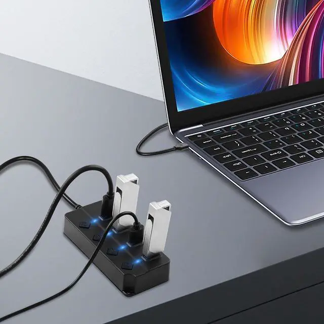 Alt view image 4 of 7 - USB Hub, 4Port USB Hub Splitter with Individual On/Off LED Switches 6.6ft/2m Long Cable, Multi Port Expander, Fast Data Transfer USB Splitter for Laptop, PC,Mobile HDD