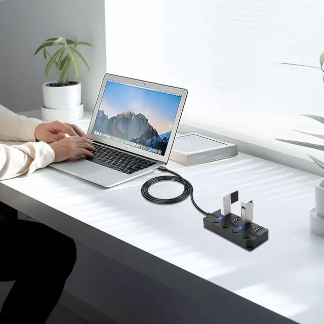 Alt view image 6 of 7 - USB Hub, 4Port USB Hub Splitter with Individual On/Off LED Switches 6.6ft/2m Long Cable, Multi Port Expander, Fast Data Transfer USB Splitter for Laptop, PC,Mobile HDD