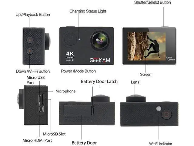 Alt view image 2 of 6 - GeeKam Action Camera 4K WiFi Ultra HD Underwater 30M Waterproof 170° Wide Angle Lens Sports Camcorder with Remote Control 2 Rechargeable Batteries and Mounting Accessories Kit
