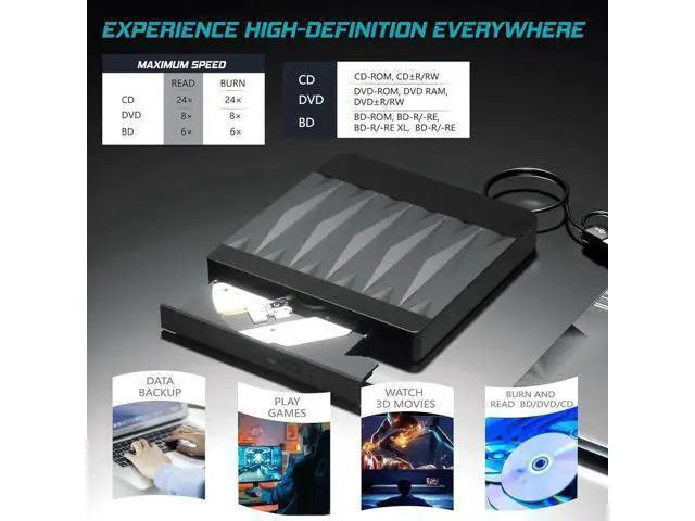 Alt view image 6 of 7 - External Blu Ray Drive, USB 3.0 and Type-C External Blu Ray Burner Portable Blu Ray DVD/CD/BD Player, 3D Optical Bluray CD DVD Drive Compatible with Windows XP/7/8/10/11 MacOS Laptop Desktop